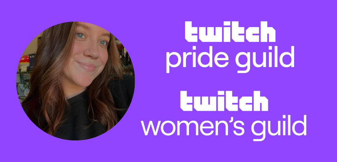 Twitch Pride and Women's Guild The design features the words 'twitch pride guide' and 'twitch women's guild' in a bold, white font in the center. The background is purple