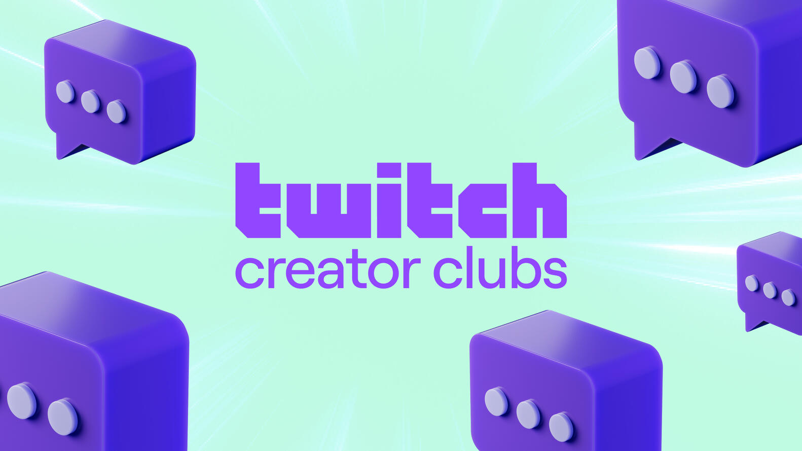 A promotional graphic for 'Twitch Creator Clubs.' The design features the words 'twitch creator clubs' in a bold, purple font in the center. Surrounding the text are 3D purple chat bubble icons with three circular dots inside, symbolizing communication.