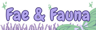 A graphic for the 'Fae & Fauna' stream team. The image has a light cream background, with light green sparkles. The image also contains light green fairy wings and purple lavender. The image features the text" Fae & Fauna" in a bold, light purple.