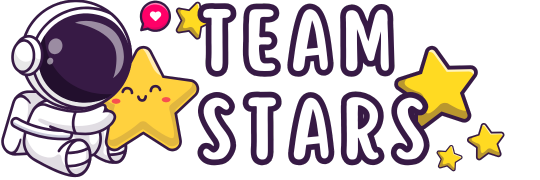 A graphic for the 'Team Stars' stream team. The image has a cartoon astronaut, a few stars, and a little pink bubble with a white heart in the center. The image features the text " TEAM STARS" in a bold white with a dark outline.